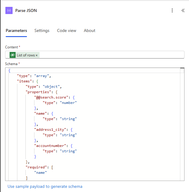 Screenshot of the JSON schema in the Parse JSON action properties.