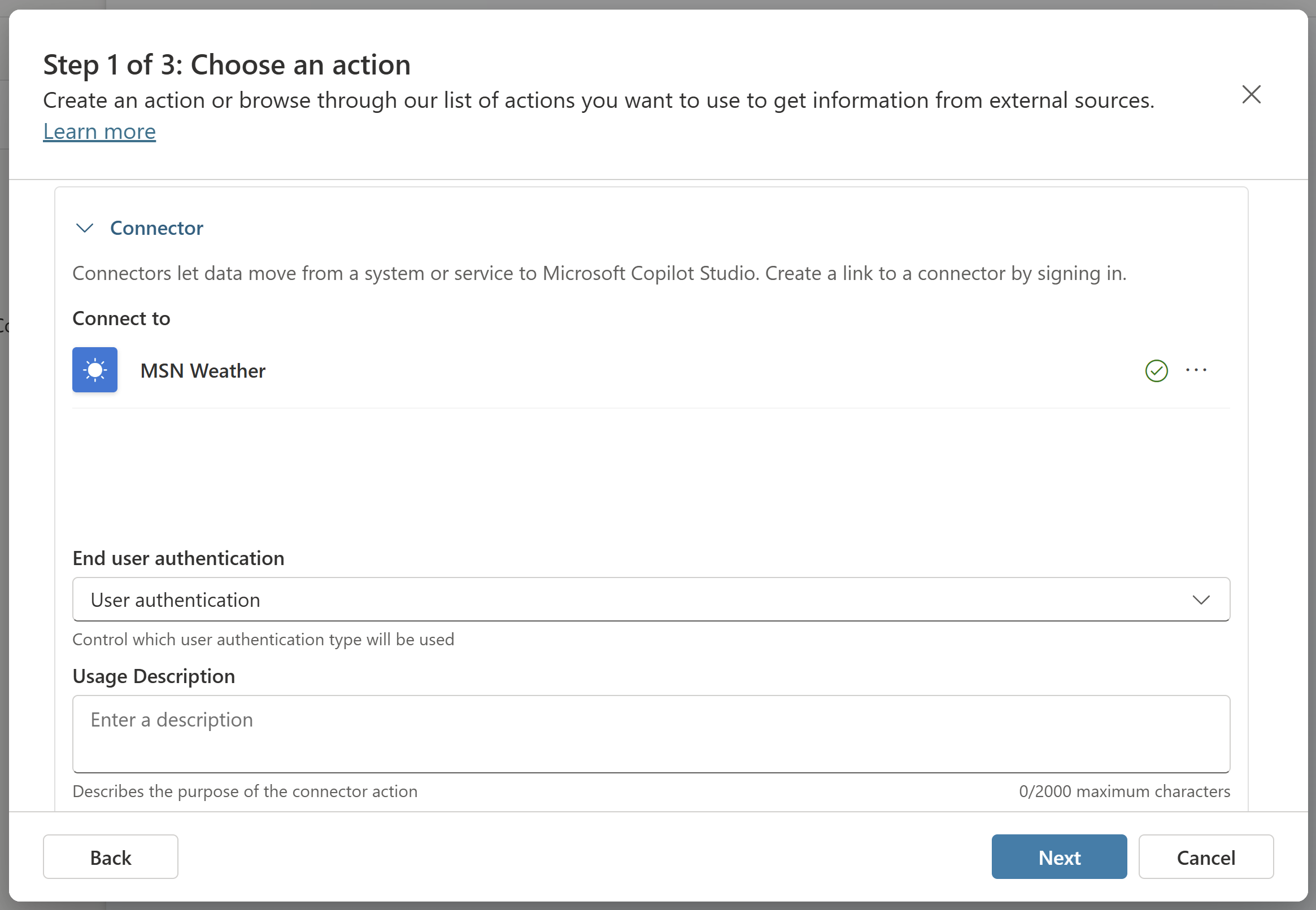 Screenshot of the first page in the action wizard on the connection page.