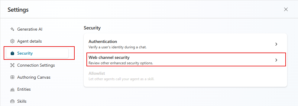 Screenshot of Web channel security highlighted on the Settings flyout.