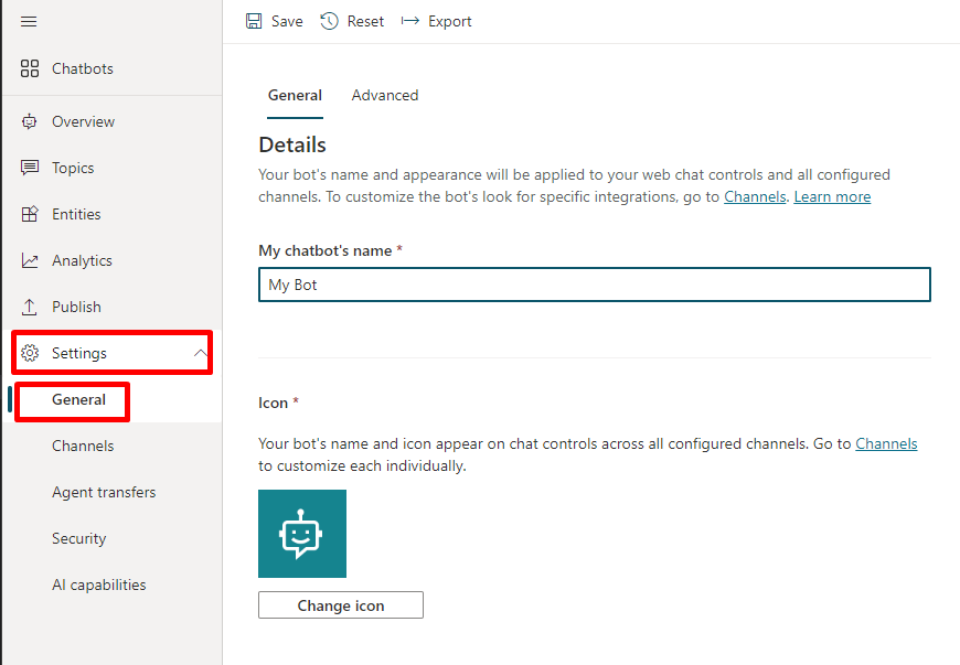 The agent details pane lets you change the name and icon.