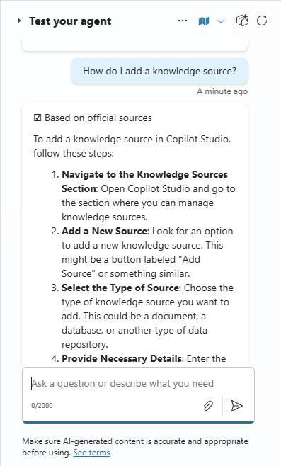 Screenshot of a test question in the Test your agent chat.