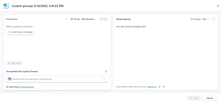 Screenshot of AI Builder prompts editor