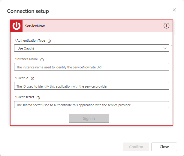 Screenshot of the ServiceNow connection page.