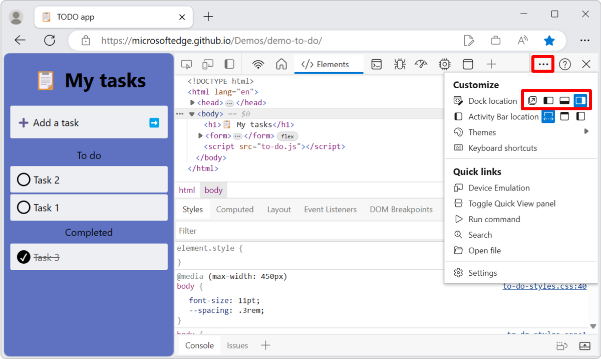 The Dock ___location menu in DevTools