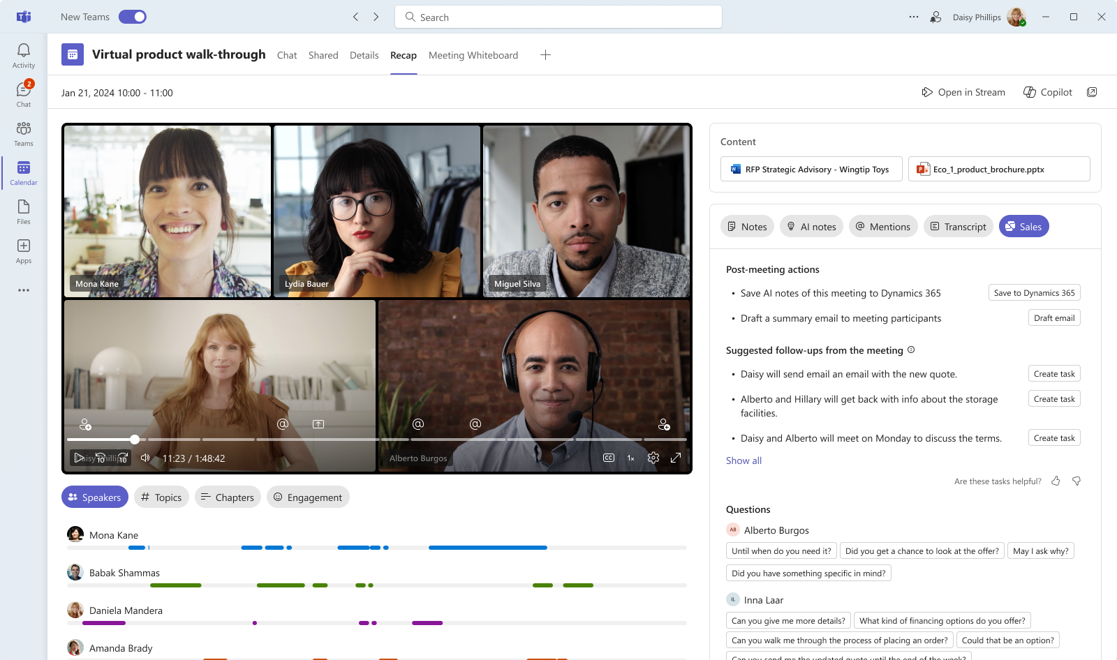Screenshot showing meeting summary enriched with sales data in Teams recap.