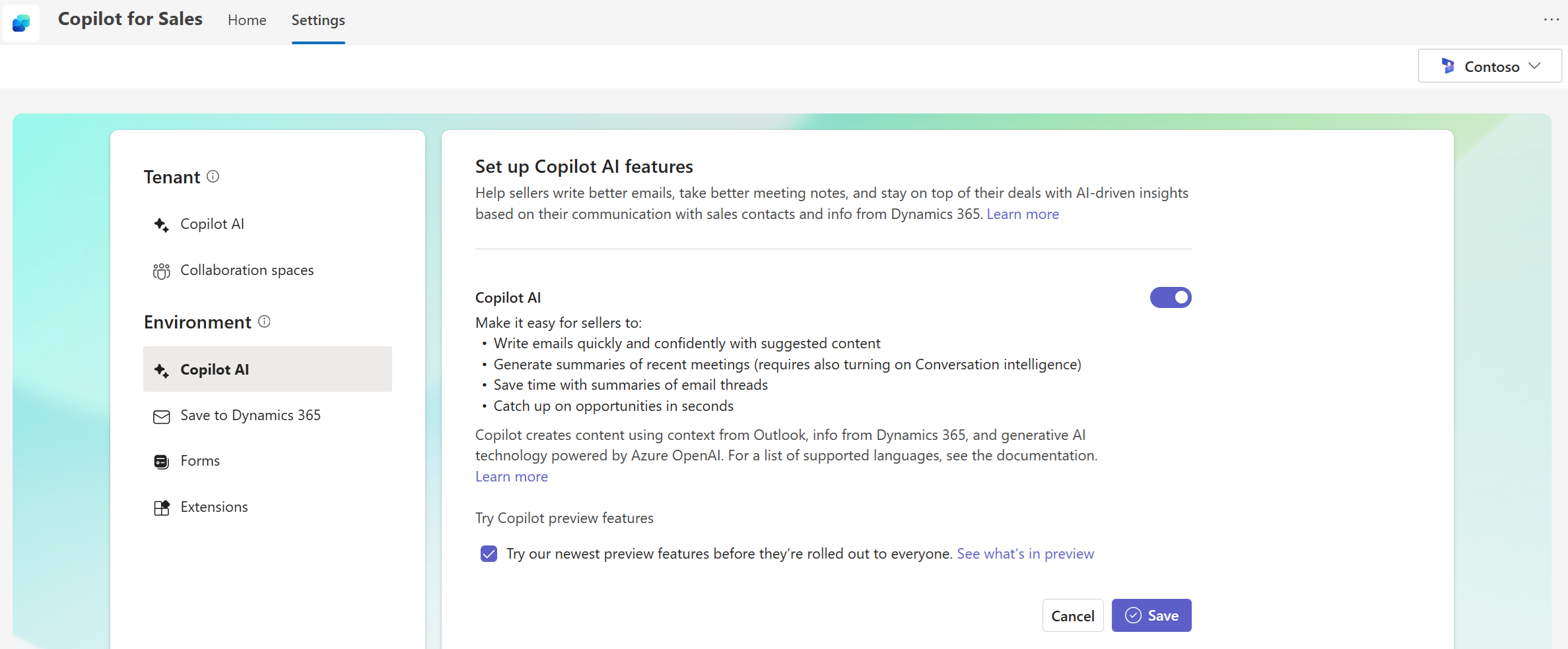 Screenshot of Copilot for Sales settings for an environment.