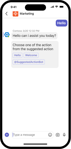 Image shows suggested actions in a channel in a mobile client.