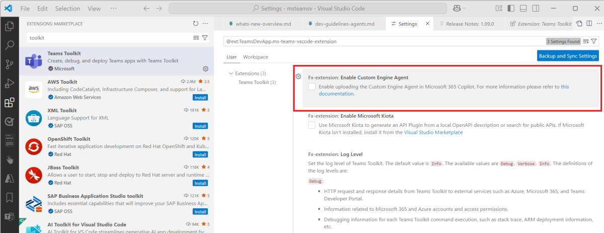 Screenshot shows how to enable custom engine agent extension in Microsoft 365 Agents Toolkit.