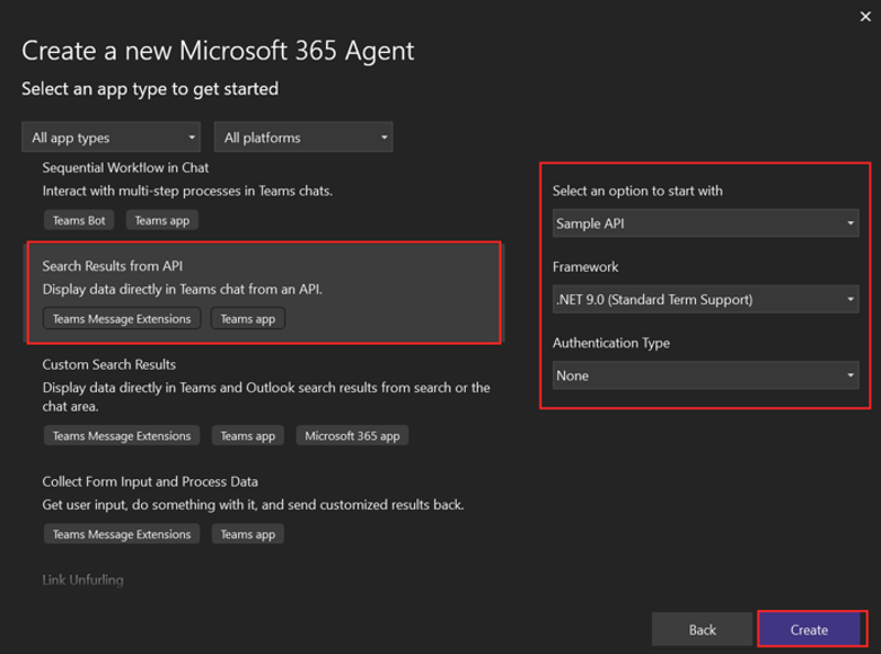 Screenshot shows the Search results from API, New API, OpenAPI Description Document, and Create options in Visual Studio to create a new Project.