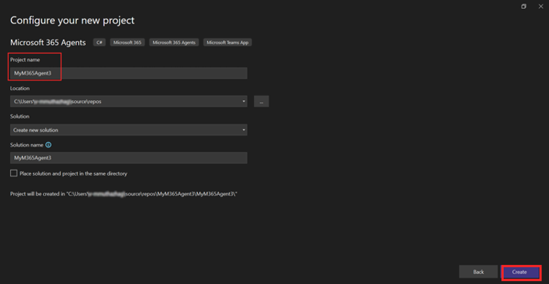 Screenshot shows the project name, Location, and Create option in Visual Studio.