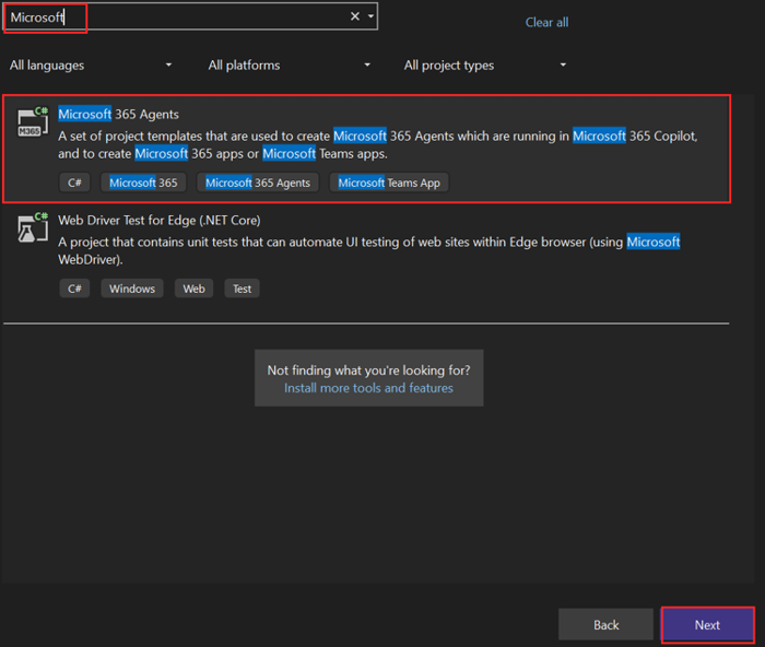 Screenshot shows the Microsoft Teams app option in Visual Studio.