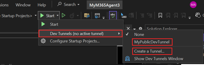 Screenshot shows the create a tunnel option in Visual Studio.
