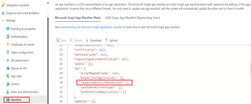 Screenshot shows the manifest option and accesstoken details in Azure portal.