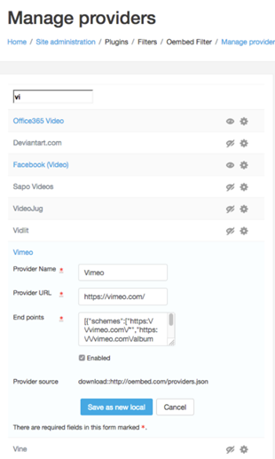 Screenshot shows the oEmbed filter page.