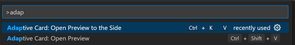 Screenshot shows the options for instant preview of Adaptive Cards in Visual Studio Code editor through CodeLens or Command Palette.