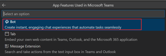  Screenshots the selection option to create a new teams app.