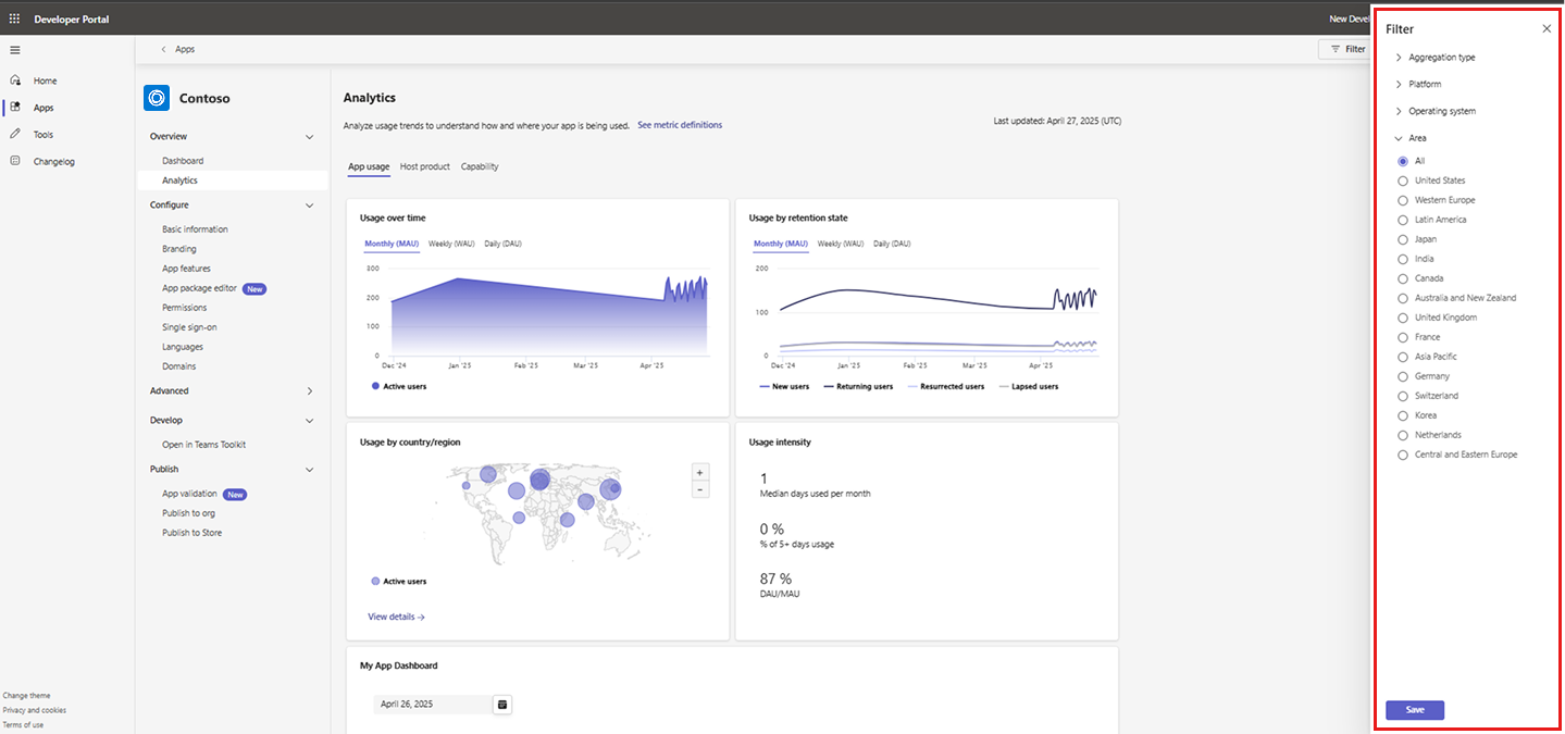 Screenshot shows the app and agent analytics page filter in Developer Portal.