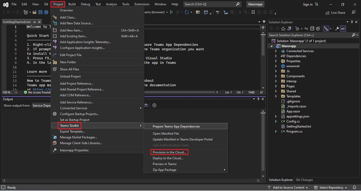 Screenshot of Visual Studio with project, Agents Toolkit, and Provision in the Cloud options highlighted in red.