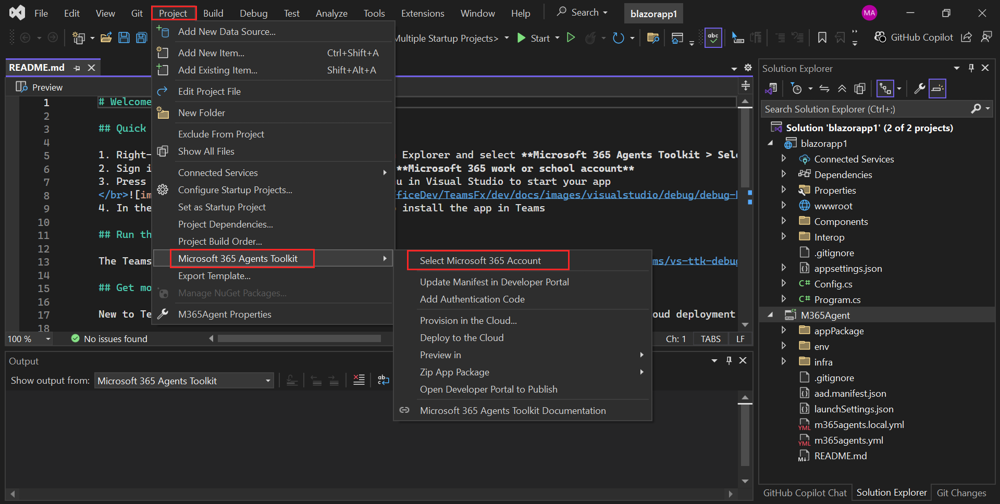 Screenshot of Visual Studio with Project, Agents Toolkit, and Prepare Teams App Dependencies options are highlighted in red.