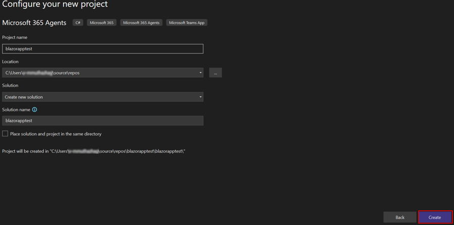 Screenshot of Configure your new project with Create option highlighted in red.