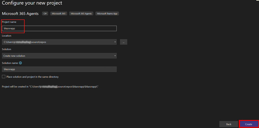 Screenshot shows how to configure your new project with Create option.