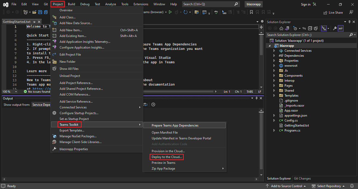 Screenshot shows Visual Studio with Project, Agents Toolkit, and Deploy to the Cloud options highlighted in red.