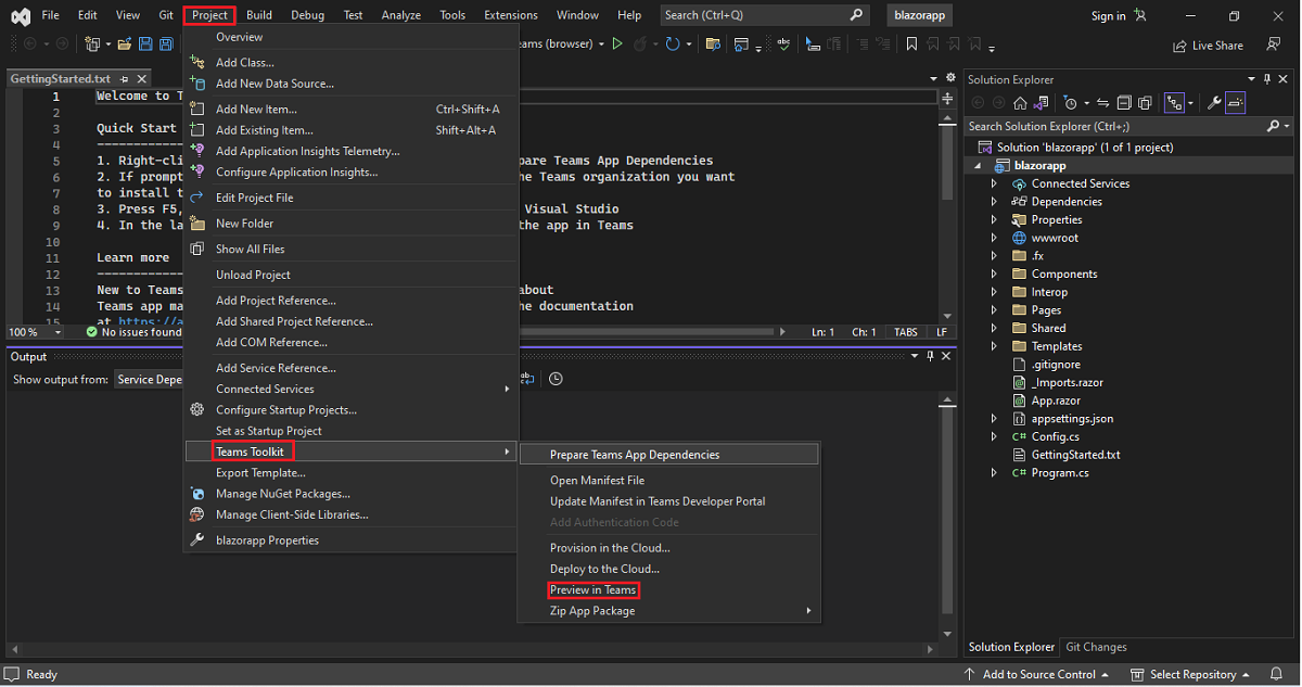 Screenshot shows Visual Studio with Project, Agents Toolkit, and Preview in Teams options.
