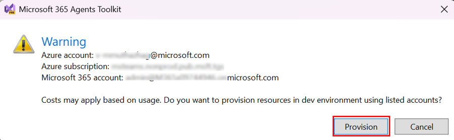 Screenshot shows the option to select provision in the prompted Agents Toolkit warning.