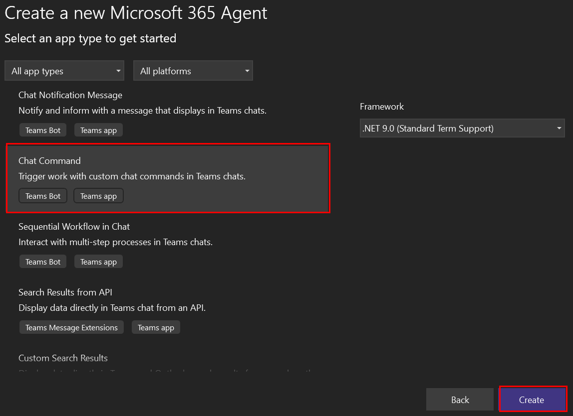 Screenshot of Create a new Teams application with Command Bot and Create options highlighted in red.