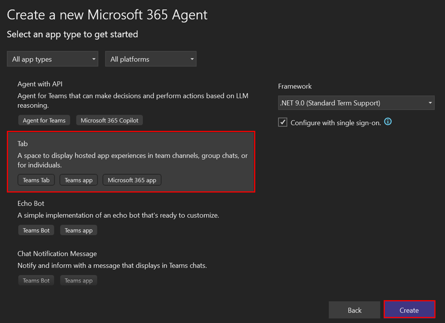 Screenshot shows how to create a new Teams application with Tab.