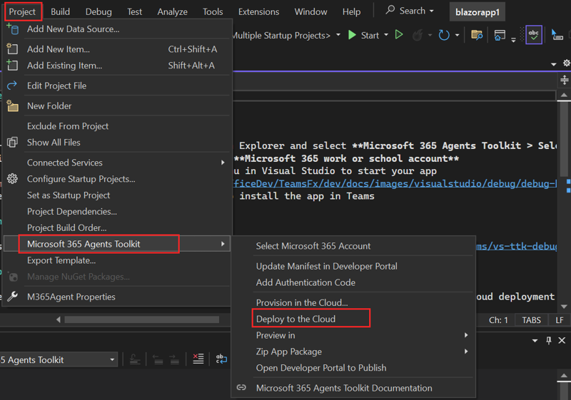 Screenshot of Visual Studio with Project, Agents Toolkit, and Deploy to the Cloud options highlighted in red.