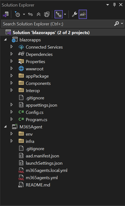 Screenshot of Solution Explorer with BlazorApp highlighted.