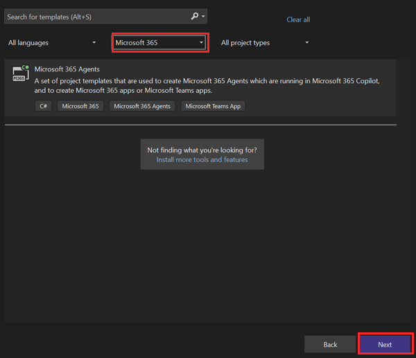 Screenshot shows Create a new project with Next option.