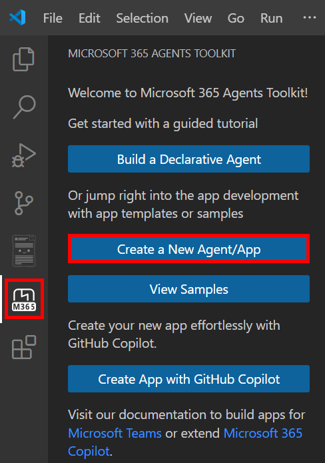 Screenshot shows the ___location of the Create New Project link in the Agents Toolkit sidebar.