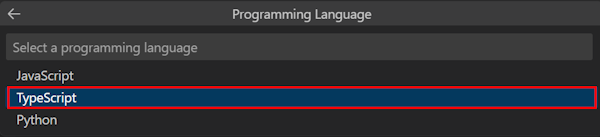 Screenshot shows the TypeScript option for programming language in Agents Toolkit.