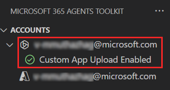 Screenshot shows the user signed in to Microsoft 365 and the sideloading enabled message.