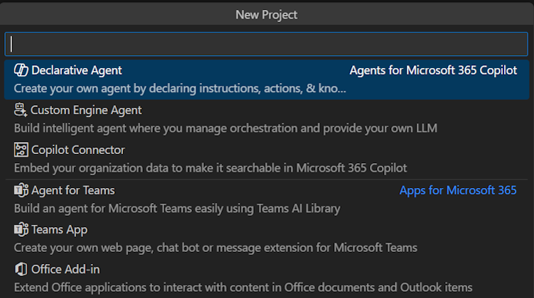 Screenshot shows the list of new Teams app menu to create in Visual Studio Code.