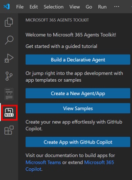 Screenshot shows the Agents Toolkit icon in the activity bar.