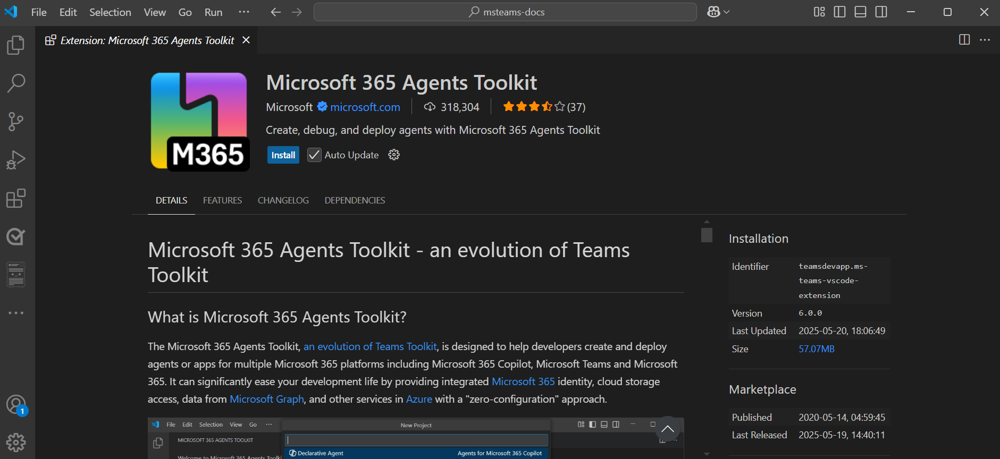 Screenshot shows how to select Agents Toolkit in Visual Studio Code.