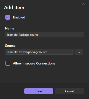 Add dialog on the Package Sources page