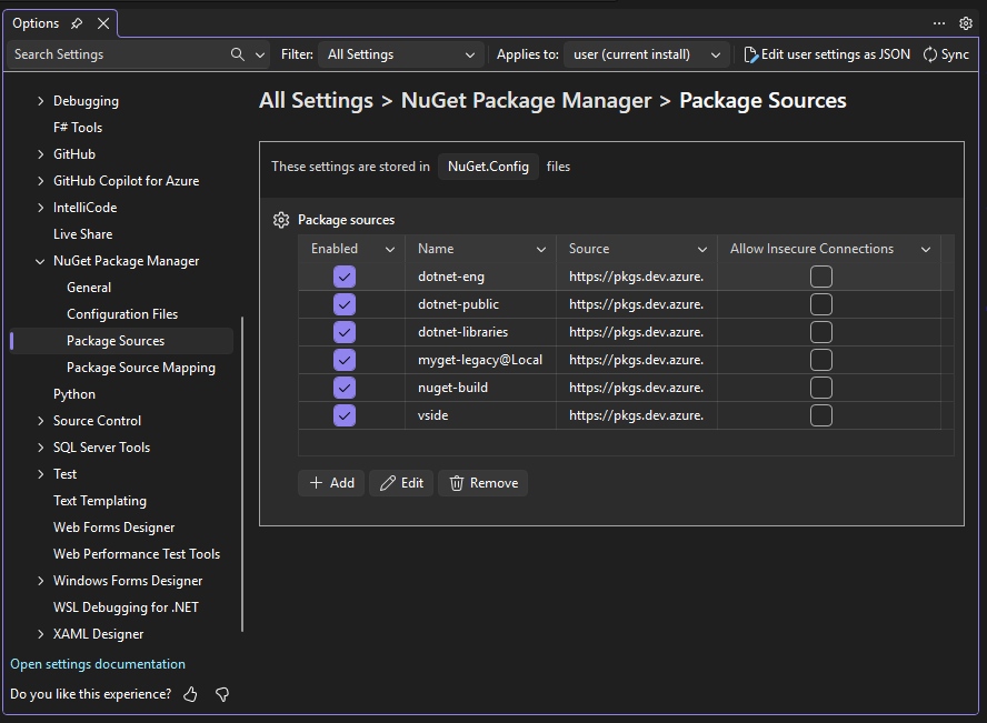Package Sources page of NuGet options