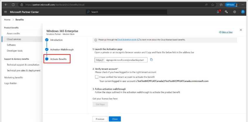 Screenshot that shows the activation walkthrough wizard.