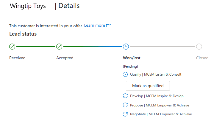 Screenshot of the Details screen for a sample lead