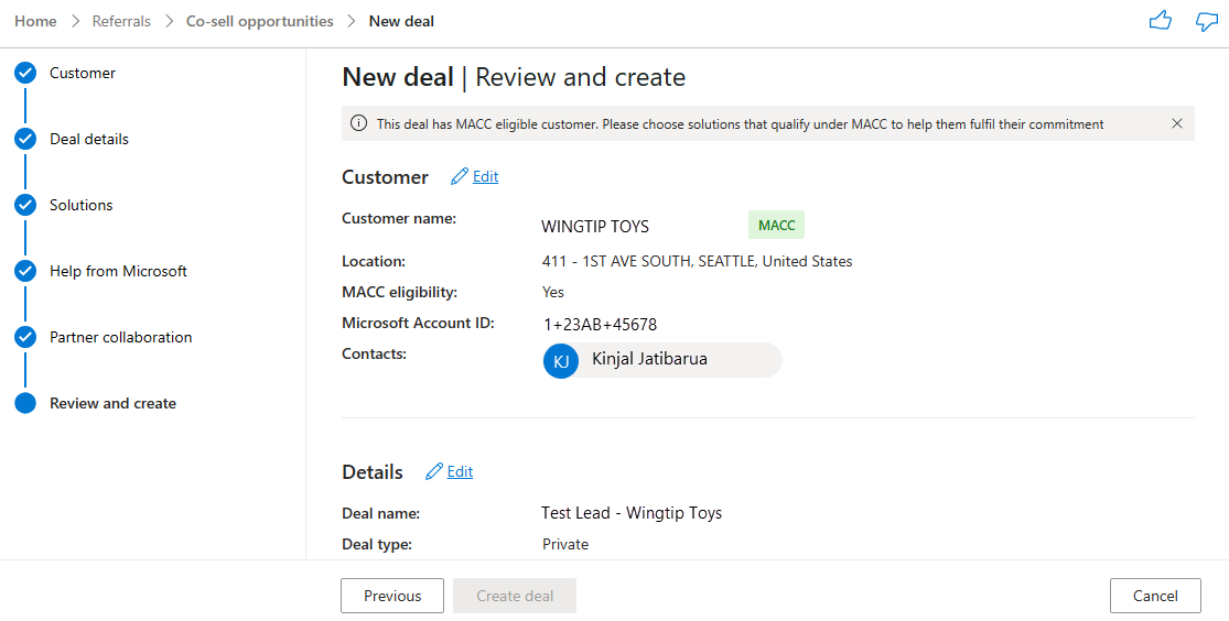 Screenshot of the Review and create steps in the co-sell creation experience.