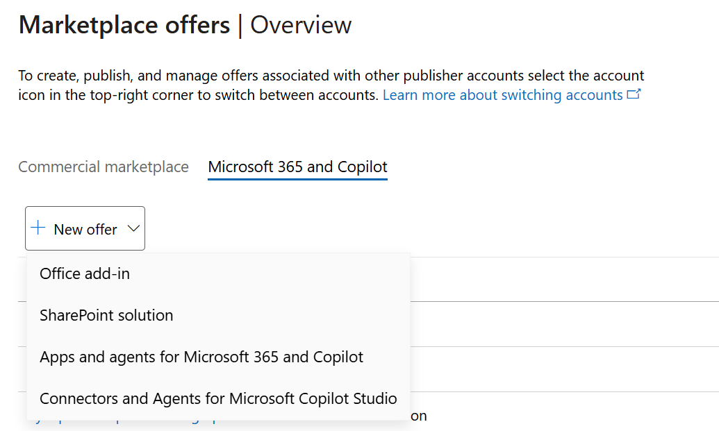 Screenshot showing the New offer list of options for Microsoft 365 and Copilot.