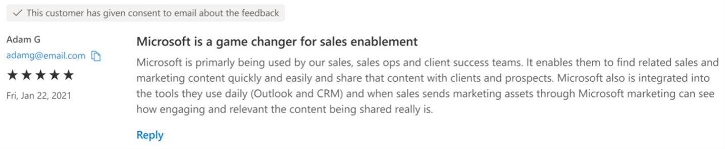 Screenshot showing a sample review for an app in the commercial marketplace.
