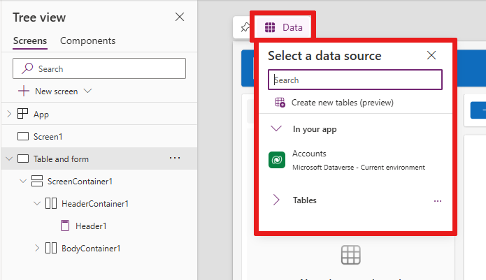 Screenshot that shows the ___location of the Data button, where you can select a data source from a list.