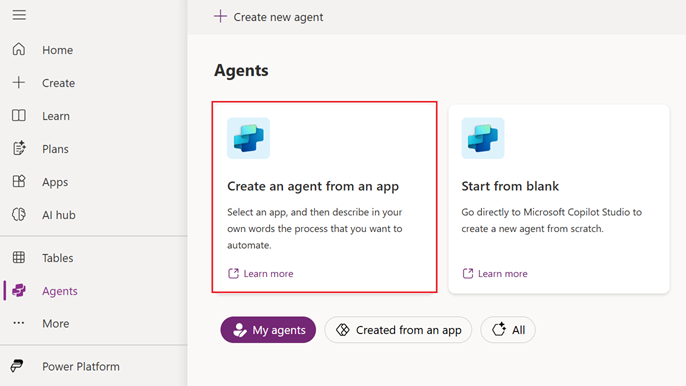 Screenshot of creating an agent from an app