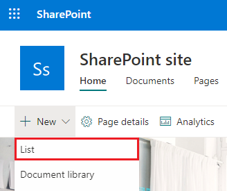 Screenshot of the ___location of a List option in the New menu of a SharePoint site.