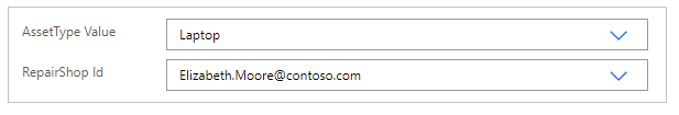 Screenshot that shows the AssetType Value and RepairShop Id fields.